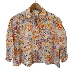 H&M 100% Linen Button Shirt Womens XS Cottagecore Cropped Boxy Ditsy Floral